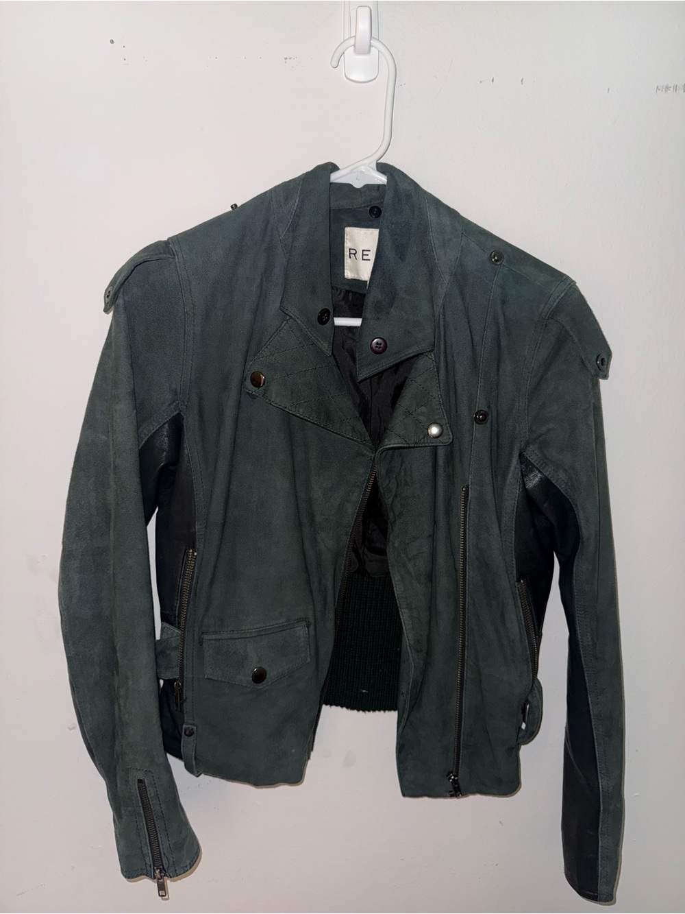 Reiss Suede Jacket in Slate Green with Black Lining